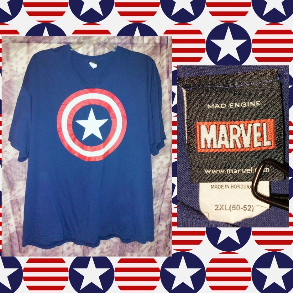 Mad Engine Navy Blue/White/Red Marvel Captain America Shield Knit T-Shirt Sz 2XL